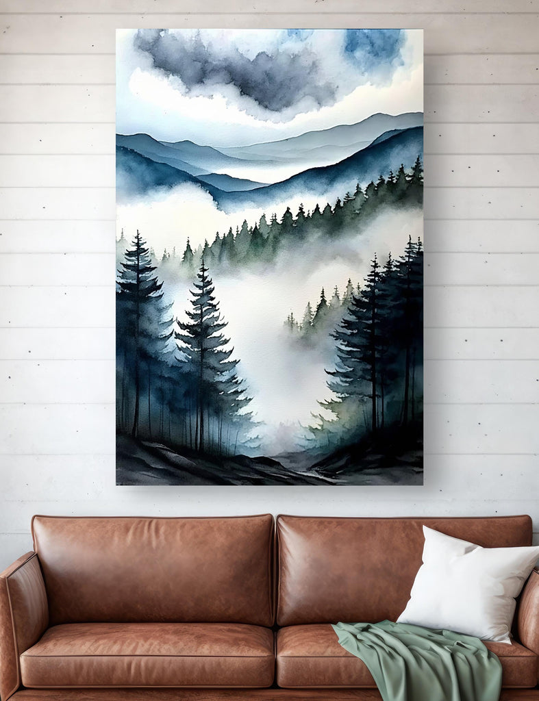 Forest Mountain Watercolor Print, Foggy Landscape Wall Art, Nature Inspired Canvas Art, Dark Evergreen Tree Poster, Woodland Home Decor