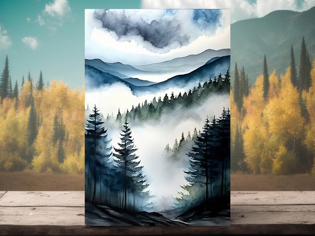 Forest Mountain Watercolor Print, Foggy Landscape Wall Art, Nature Inspired Canvas Art, Dark Evergreen Tree Poster, Woodland Home Decor