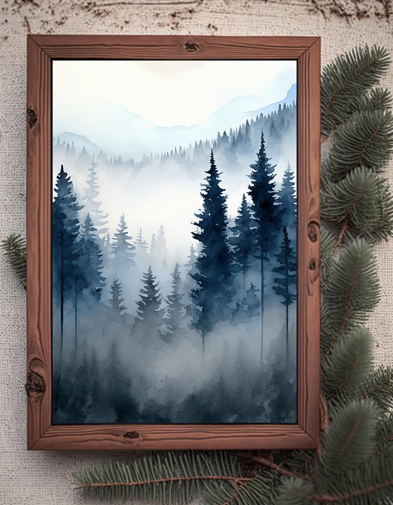 Forest Mountain Watercolor Print, Foggy Landscape Wall Art, Nature Inspired Canvas Art, Dark Evergreen Tree Poster, Woodland Home Decor