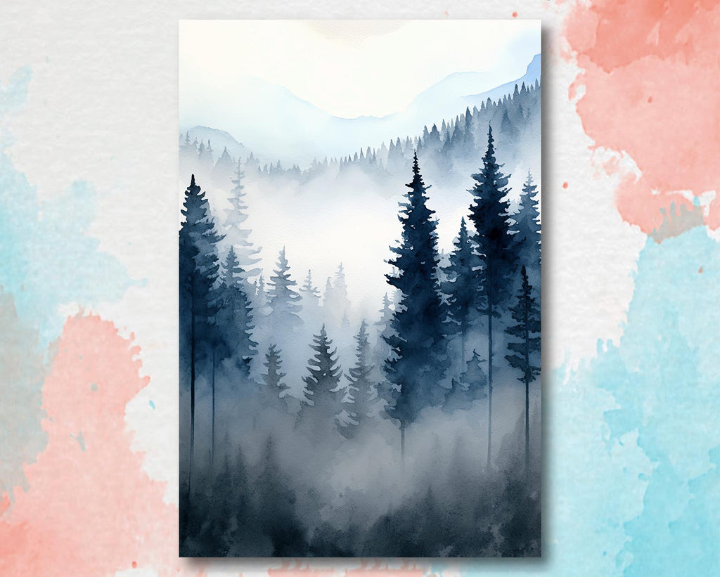 Forest Mountain Watercolor Print, Foggy Landscape Wall Art, Nature Inspired Canvas Art, Dark Evergreen Tree Poster, Woodland Home Decor