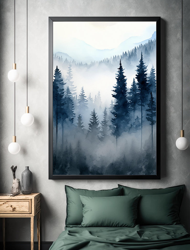 Forest Mountain Watercolor Print, Foggy Landscape Wall Art, Nature Inspired Canvas Art, Dark Evergreen Tree Poster, Woodland Home Decor