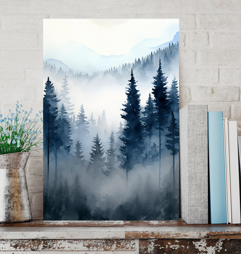 Forest Mountain Watercolor Print, Foggy Landscape Wall Art, Nature Inspired Canvas Art, Dark Evergreen Tree Poster, Woodland Home Decor