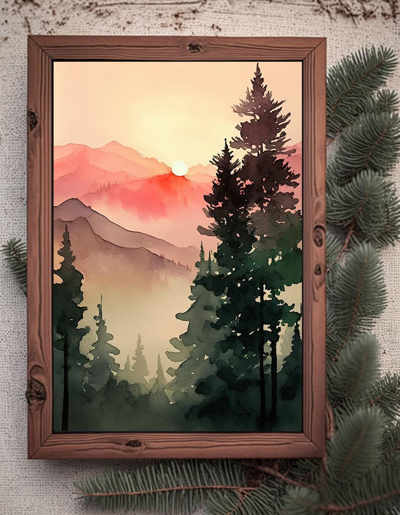 Sunrise Forest Watercolor Print, Mountain Landscape Sunset Wall Art, Nature Inspired Canvas Art, Misty Morning Poster, Woodland Decor