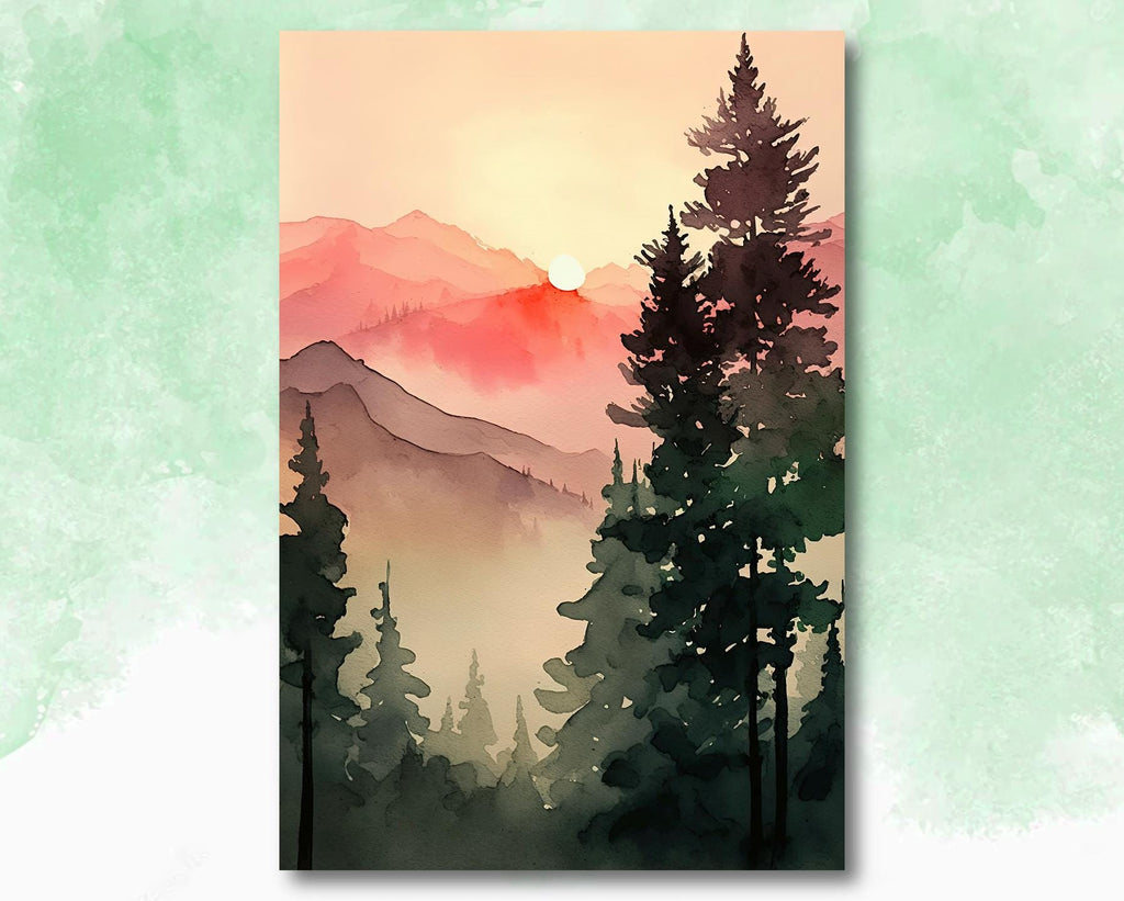 Sunrise Forest Watercolor Print, Mountain Landscape Sunset Wall Art, Nature Inspired Canvas Art, Misty Morning Poster, Woodland Decor