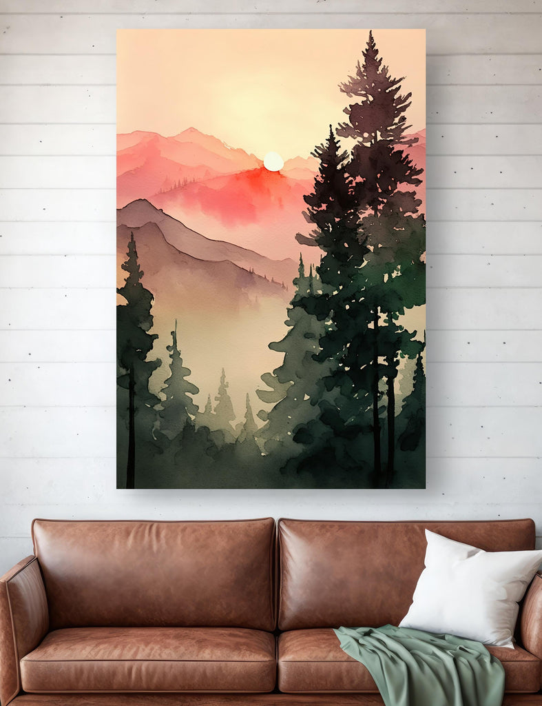 Sunrise Forest Watercolor Print, Mountain Landscape Sunset Wall Art, Nature Inspired Canvas Art, Misty Morning Poster, Woodland Decor