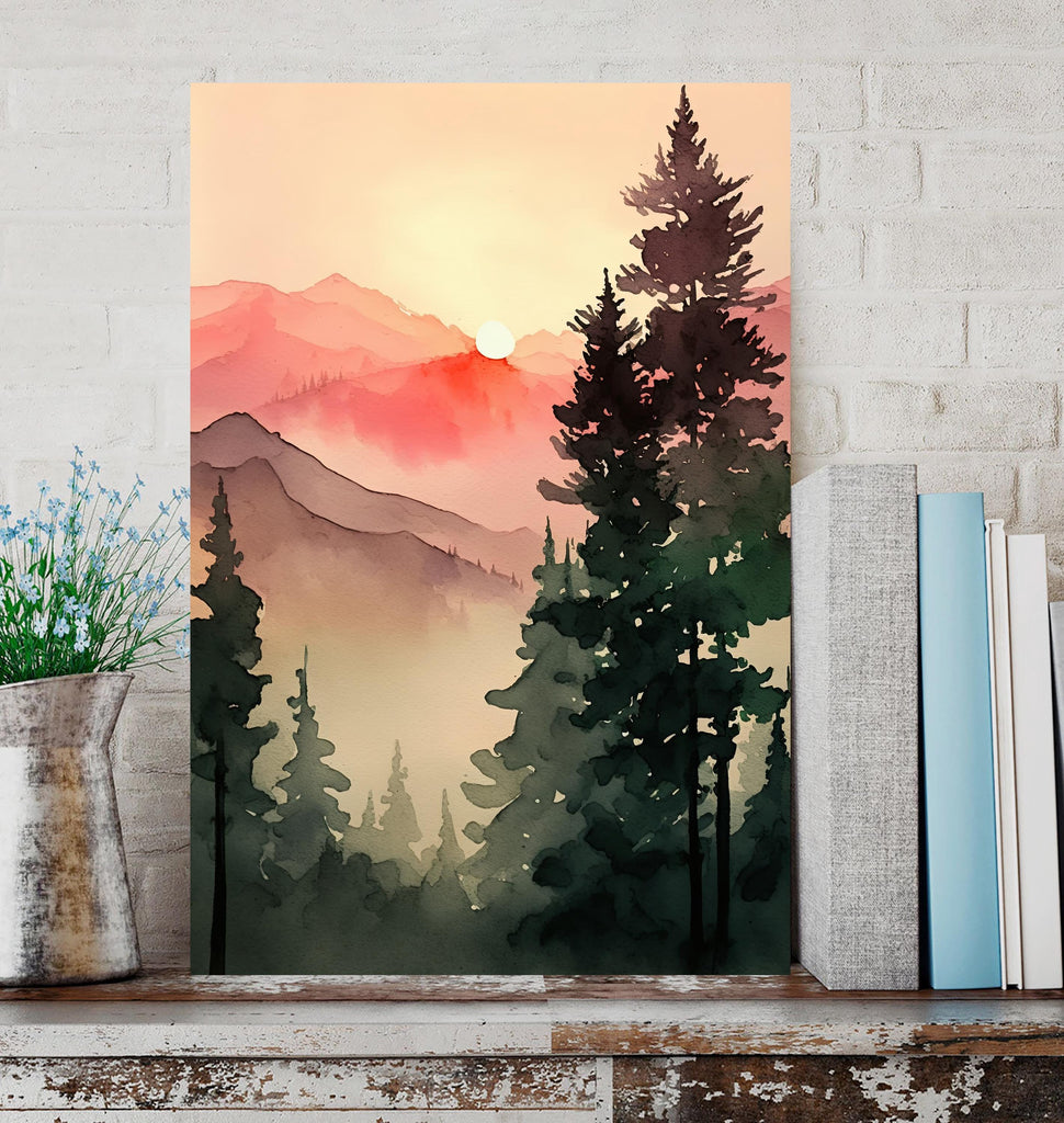 Sunrise Forest Watercolor Print, Mountain Landscape Sunset Wall Art, Nature Inspired Canvas Art, Misty Morning Poster, Woodland Decor