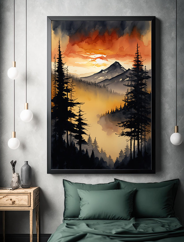 Sunset Forest Watercolor Print, Mountain Landscape Wall Art, Nature Inspired Canvas Art, Misty Morning Poster, Woodland Decor