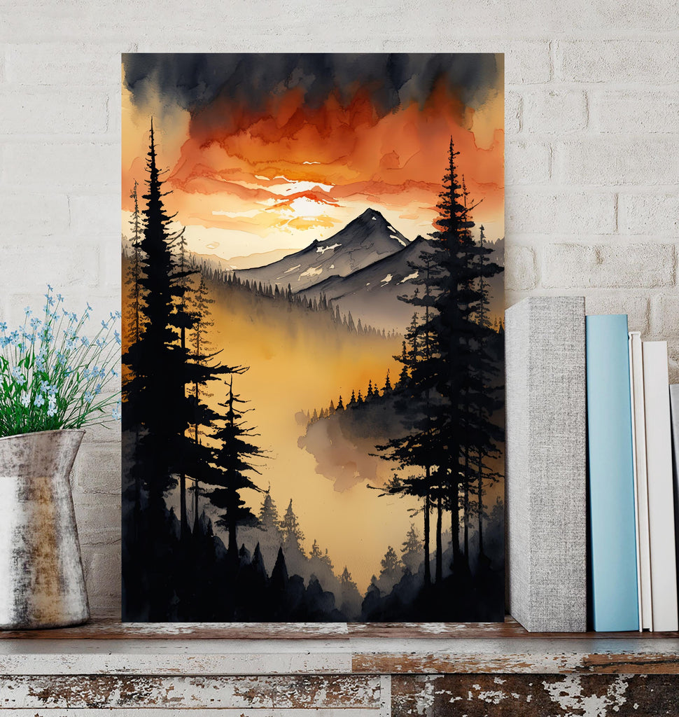 Sunset Forest Watercolor Print, Mountain Landscape Wall Art, Nature Inspired Canvas Art, Misty Morning Poster, Woodland Decor