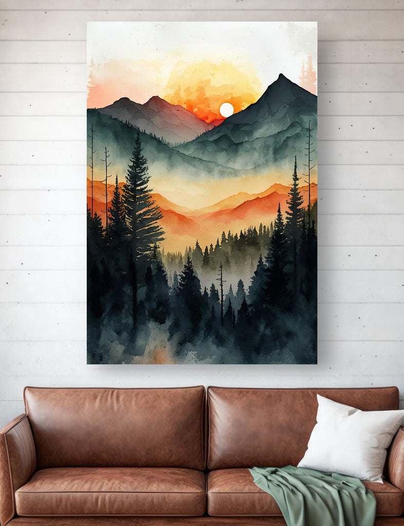 Sunrise Forest Watercolor Print, Mountain Landscape Sunset Wall Art, Nature Inspired Canvas Art, Misty Morning Poster, Woodland Decor