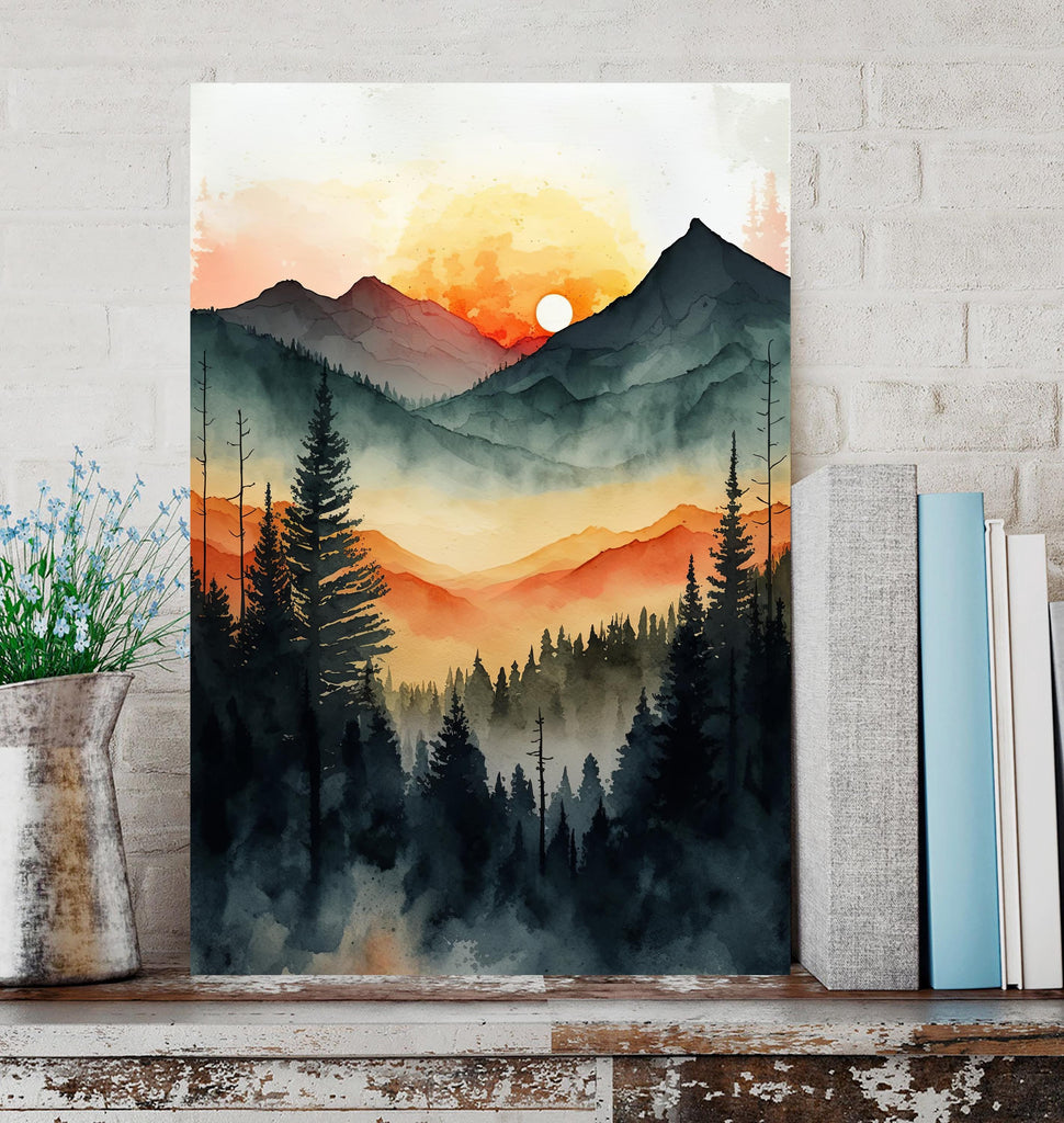 Sunrise Forest Watercolor Print, Mountain Landscape Sunset Wall Art, Nature Inspired Canvas Art, Misty Morning Poster, Woodland Decor