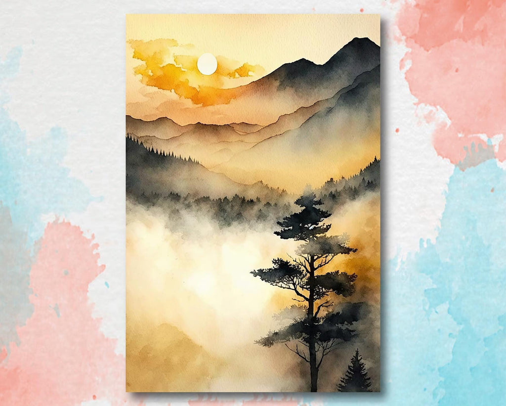 Sunset Forest Watercolor Print, Foggy Mountain Landscape Poster, Sunrise Nature Inspired Canvas Art, Misty Woodland Wall Art Home Decor