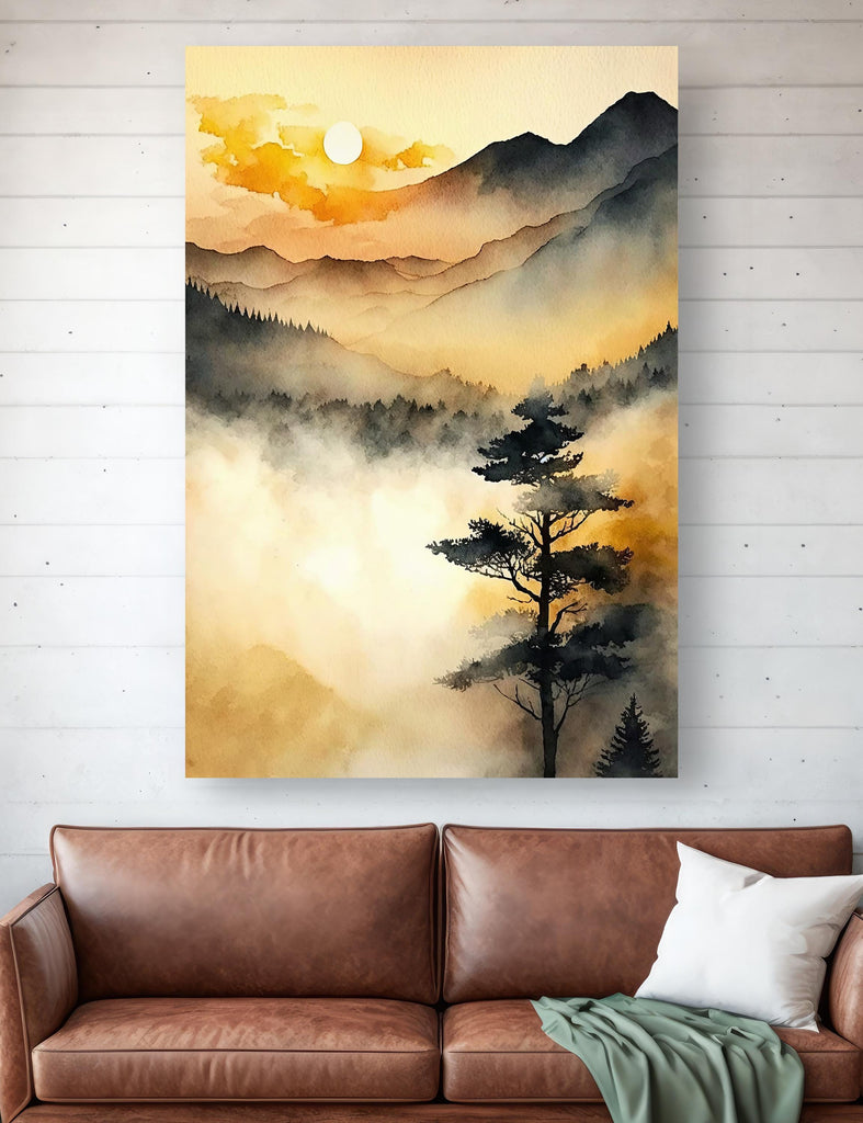 Sunset Forest Watercolor Print, Foggy Mountain Landscape Poster, Sunrise Nature Inspired Canvas Art, Misty Woodland Wall Art Home Decor