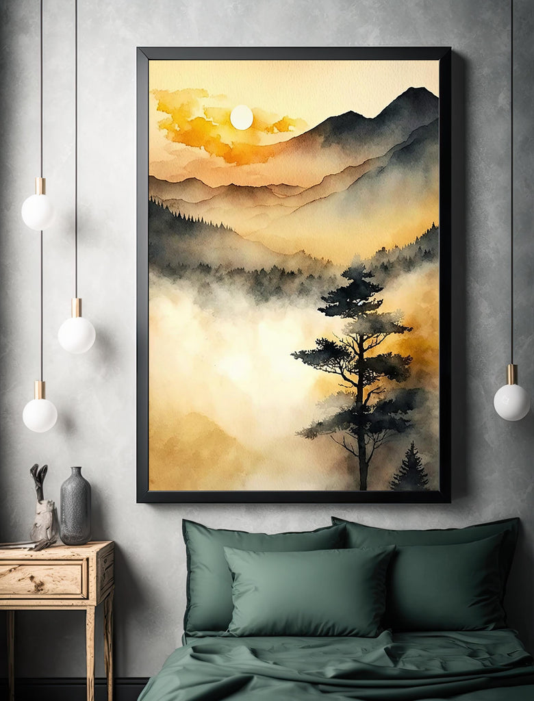 Sunset Forest Watercolor Print, Foggy Mountain Landscape Poster, Sunrise Nature Inspired Canvas Art, Misty Woodland Wall Art Home Decor