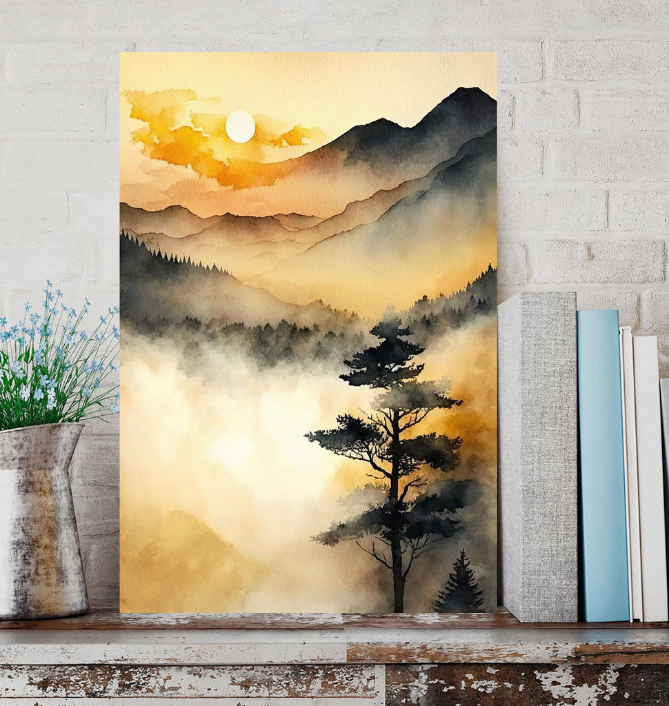 Sunset Forest Watercolor Print, Foggy Mountain Landscape Poster, Sunrise Nature Inspired Canvas Art, Misty Woodland Wall Art Home Decor