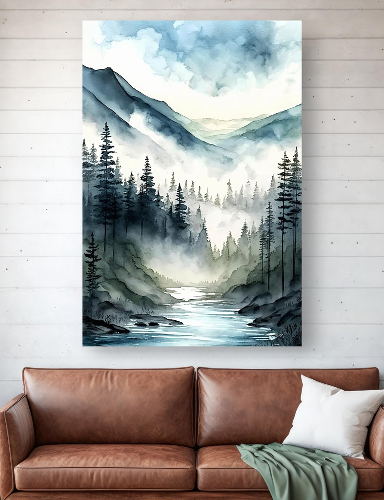 Misty Mountain River Watercolor Print, Forest Landscape Wall Art, Nature Inspired Canvas, Serene Woodland Poster, Foggy Valley Home Decor