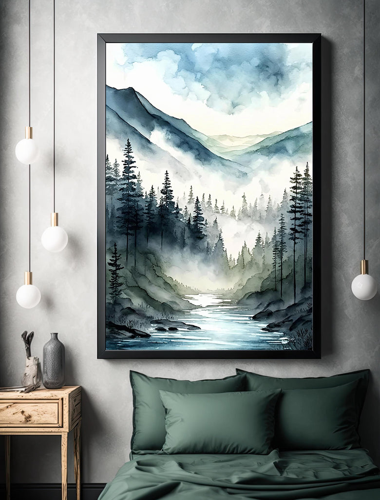 Misty Mountain River Watercolor Print, Forest Landscape Wall Art, Nature Inspired Canvas, Serene Woodland Poster, Foggy Valley Home Decor