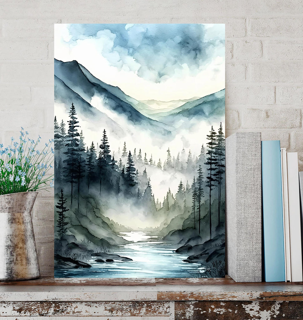 Misty Mountain River Watercolor Print, Forest Landscape Wall Art, Nature Inspired Canvas, Serene Woodland Poster, Foggy Valley Home Decor