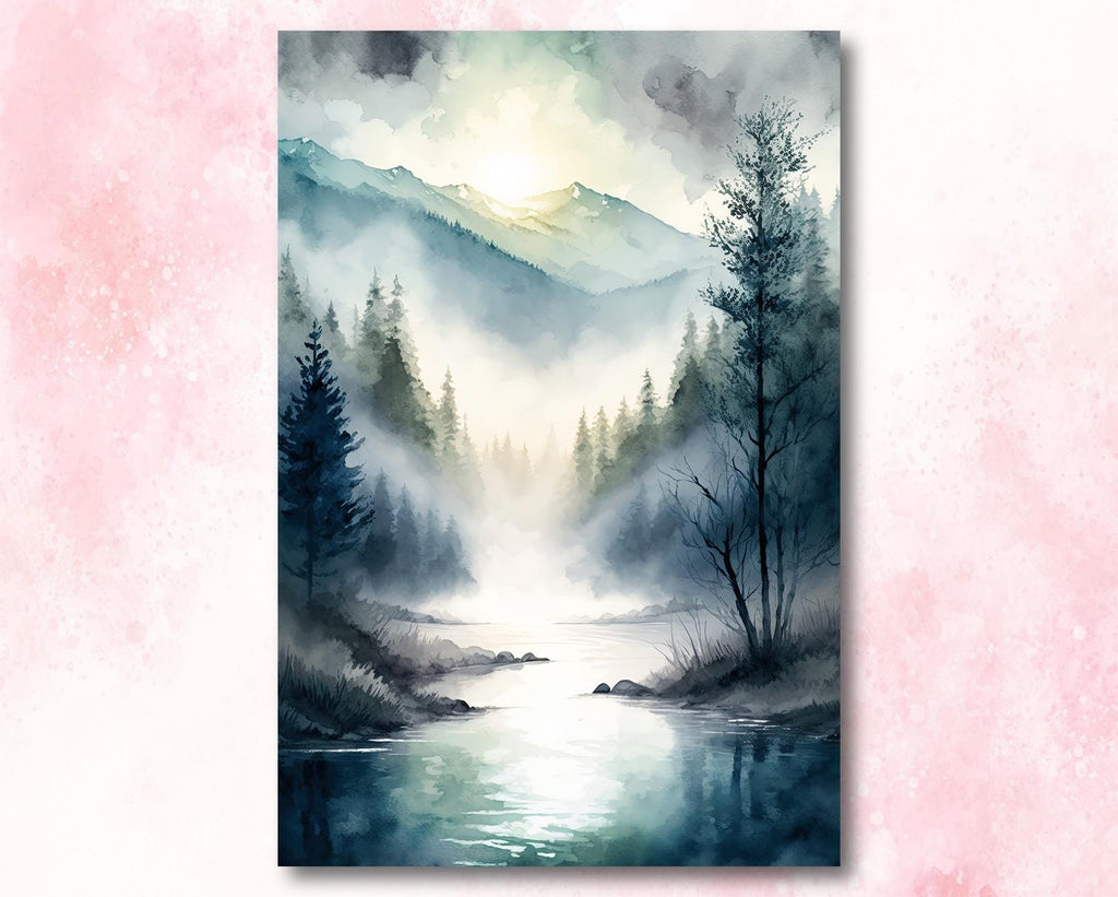 Misty Mountain River Watercolor Print, Forest Landscape Wall Art, Nature Inspired Canvas, Serene Woodland Poster, Foggy Valley Home Decor