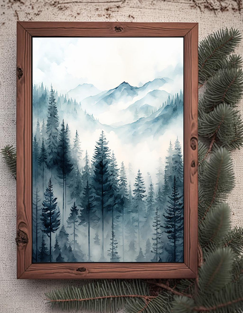 Forest Mountain Watercolor Print, Foggy Landscape Wall Art, Nature Inspired Canvas Art, Dark Evergreen Tree Poster, Woodland Home Decor