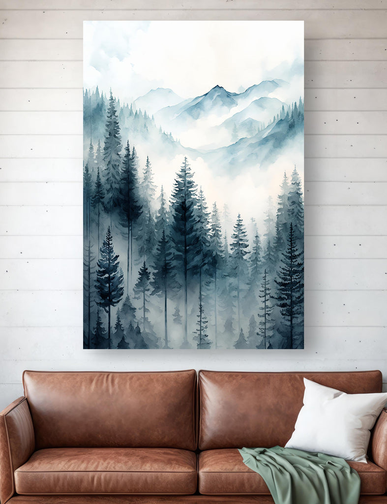 Forest Mountain Watercolor Print, Foggy Landscape Wall Art, Nature Inspired Canvas Art, Dark Evergreen Tree Poster, Woodland Home Decor