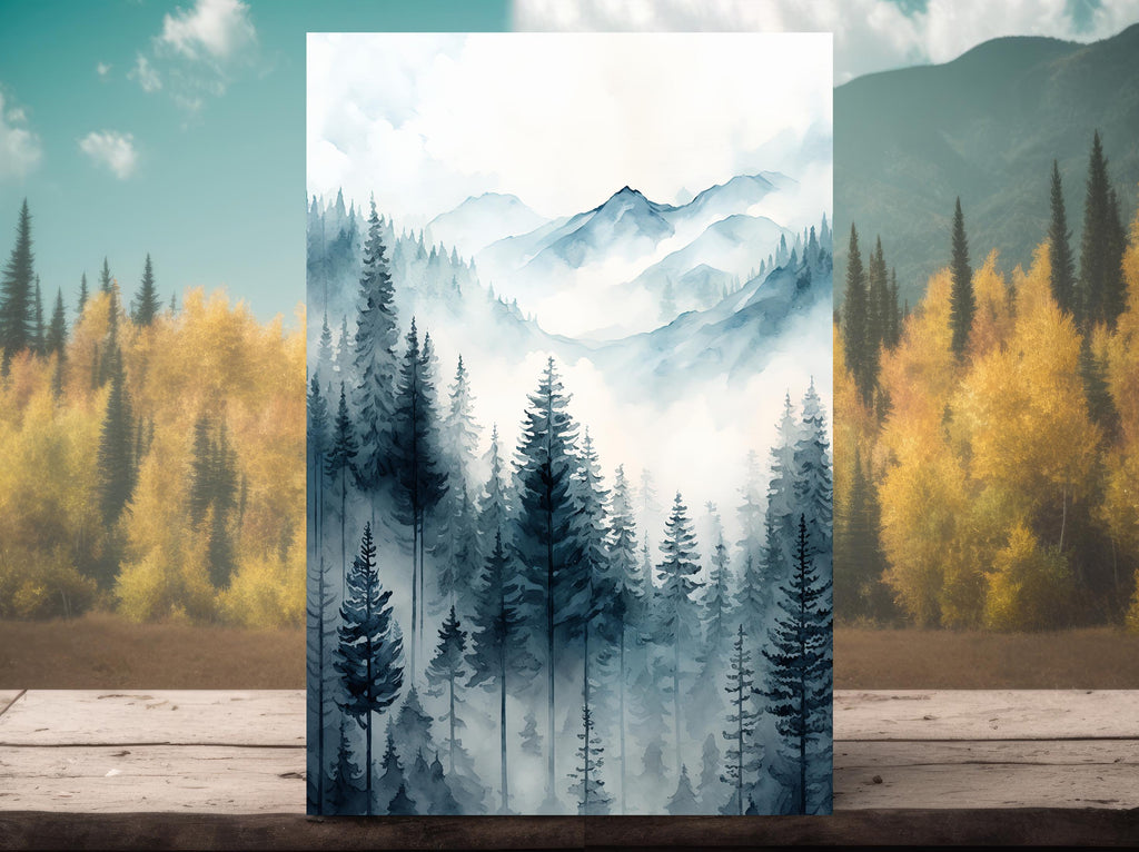 Forest Mountain Watercolor Print, Foggy Landscape Wall Art, Nature Inspired Canvas Art, Dark Evergreen Tree Poster, Woodland Home Decor