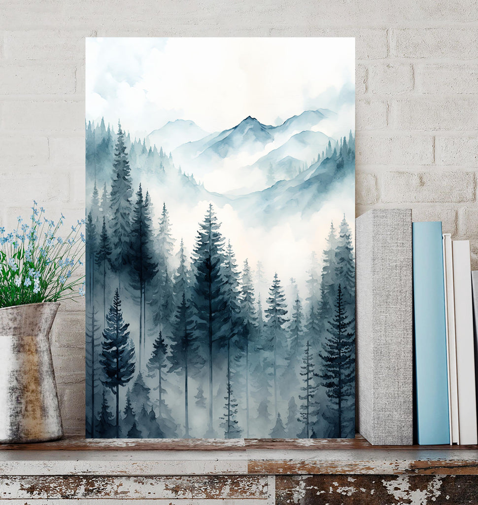 Forest Mountain Watercolor Print, Foggy Landscape Wall Art, Nature Inspired Canvas Art, Dark Evergreen Tree Poster, Woodland Home Decor