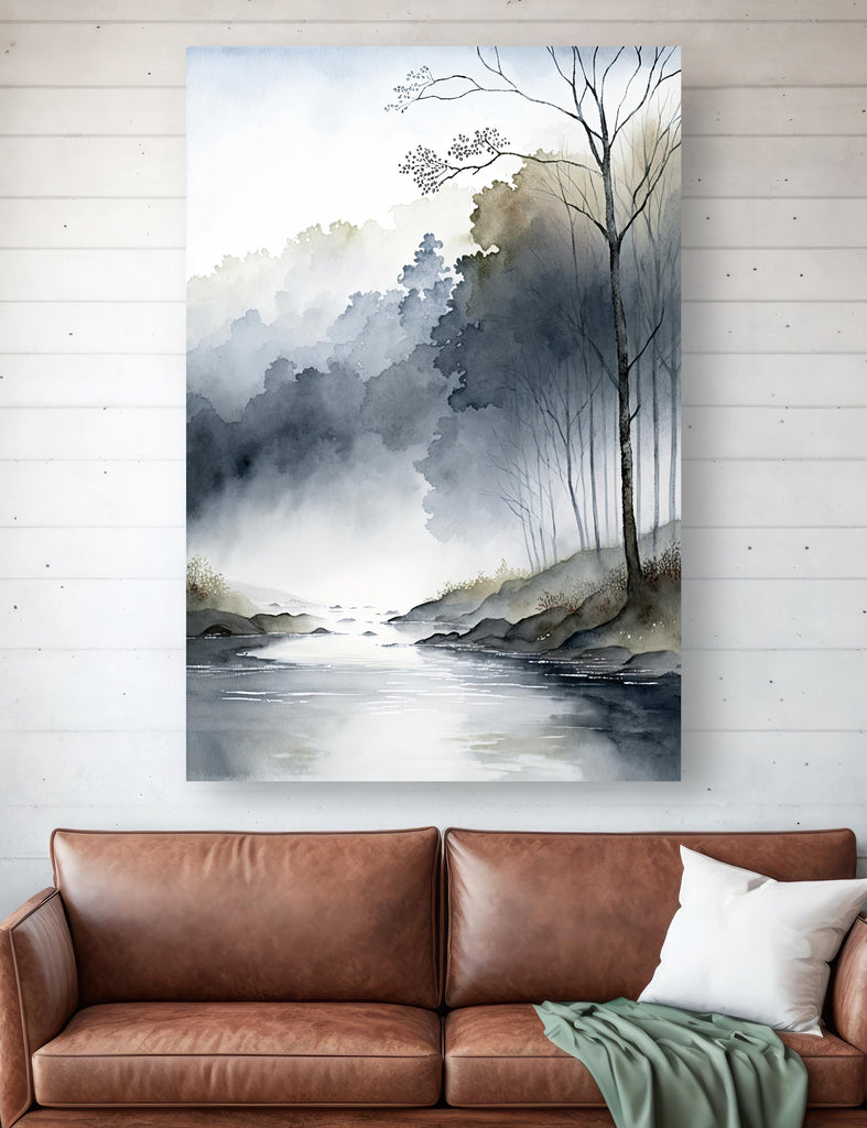 Foggy Forest Stream Watercolor Print, Nature Inspired River Canvas Art, Misty Woodland Poster, Moody Tranquil Landscape Wall Art Home Decor