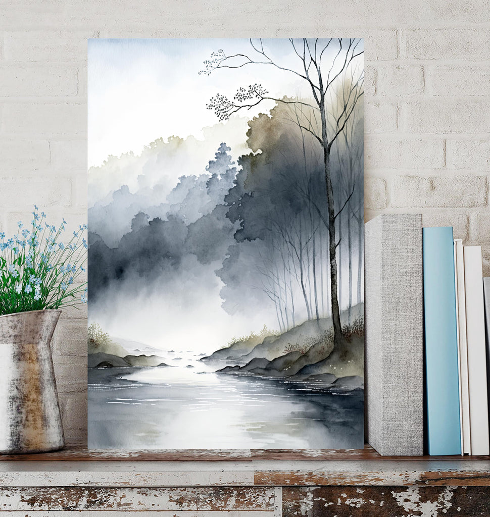 Foggy Forest Stream Watercolor Print, Nature Inspired River Canvas Art, Misty Woodland Poster, Moody Tranquil Landscape Wall Art Home Decor