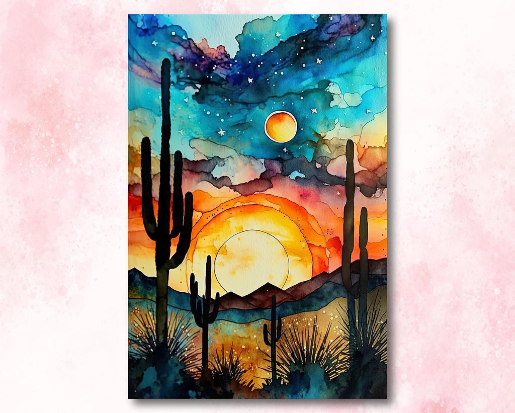 Desert Cactus Sunset Watercolor Print, Southwest Landscape Poster, Saguaro Cactus Canvas Art, Boho Western Wall Art Home Decor