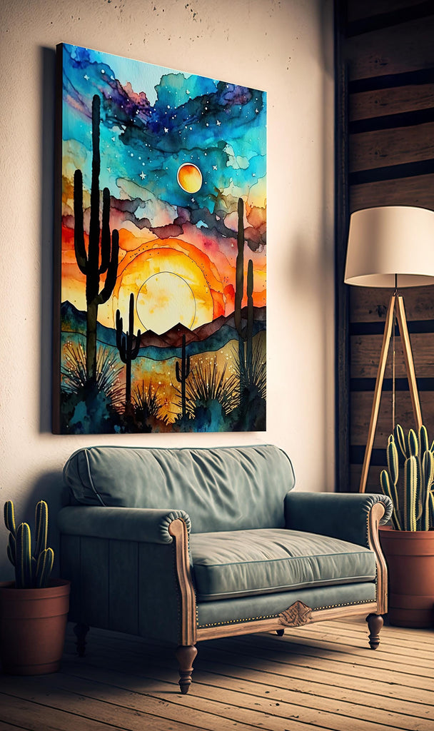 Desert Cactus Sunset Watercolor Print, Southwest Landscape Poster, Saguaro Cactus Canvas Art, Boho Western Wall Art Home Decor