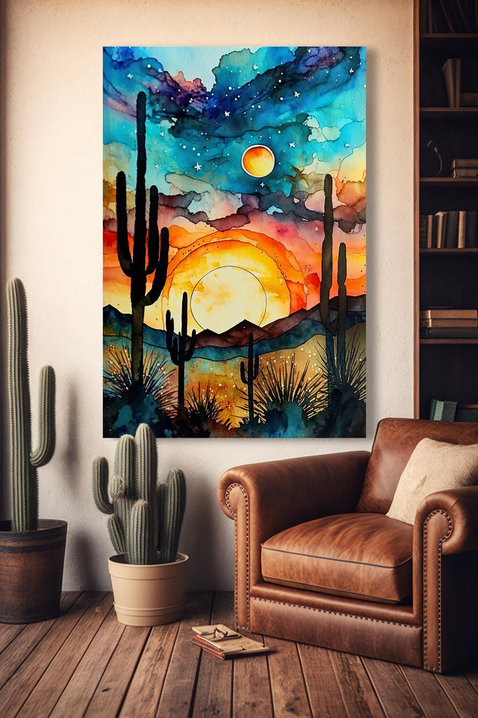 Desert Cactus Sunset Watercolor Print, Southwest Landscape Poster, Saguaro Cactus Canvas Art, Boho Western Wall Art Home Decor