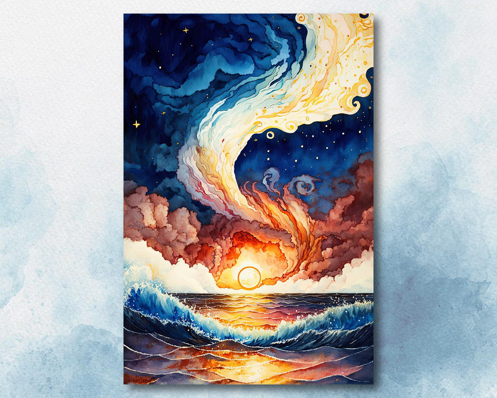 Ocean Wave Sunset Watercolor Print, Starry Night Sky Inspired Seascape Poster, Abstract Sea Nature Canvas Art, Vibrant Wall Art Home Decor