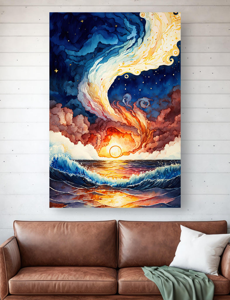 Ocean Wave Sunset Watercolor Print, Starry Night Sky Inspired Seascape Poster, Abstract Sea Nature Canvas Art, Vibrant Wall Art Home Decor