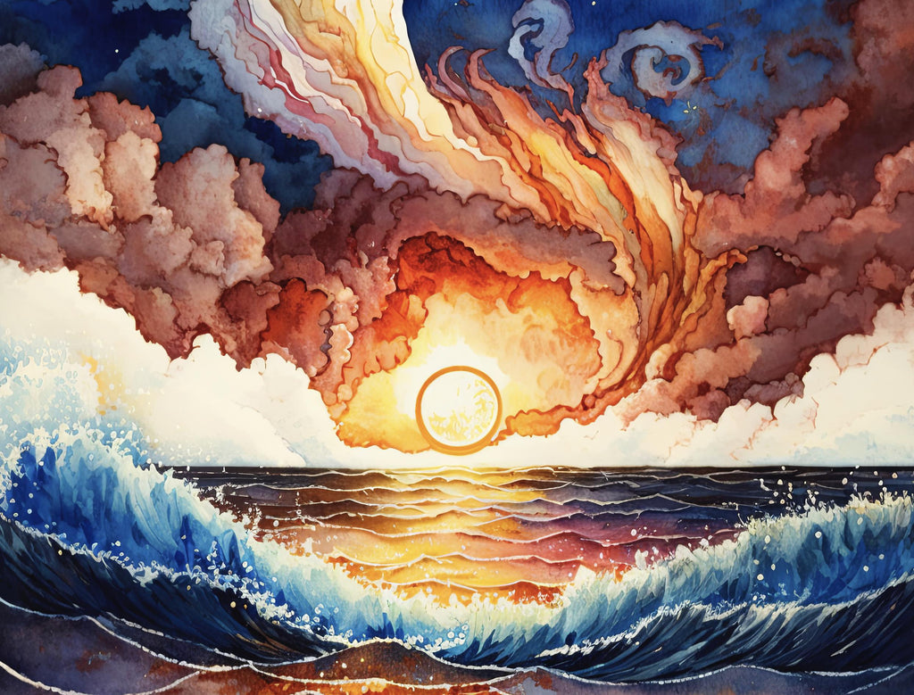 Ocean Wave Sunset Watercolor Print, Starry Night Sky Inspired Seascape Poster, Abstract Sea Nature Canvas Art, Vibrant Wall Art Home Decor