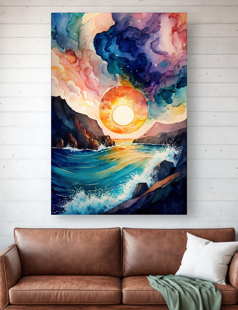 Ocean Wave Sunset Watercolor Print, Starry Night Sky Inspired Seascape Poster, Abstract Sea Nature Canvas Art, Vibrant Wall Art Home Decor