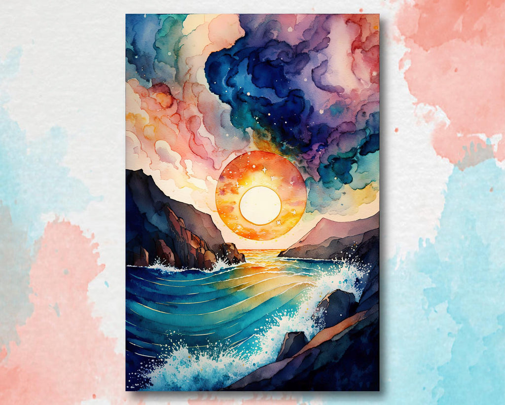 Ocean Wave Sunset Watercolor Print, Starry Night Sky Inspired Seascape Poster, Abstract Sea Nature Canvas Art, Vibrant Wall Art Home Decor