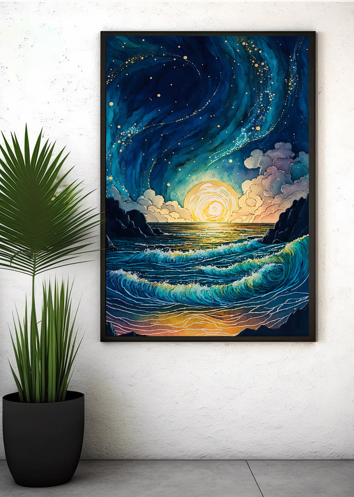 Ocean Wave Sunset Watercolor Print, Starry Night Sky Inspired Seascape Poster, Abstract Sea Nature Canvas Art, Vibrant Wall Art Home Decor