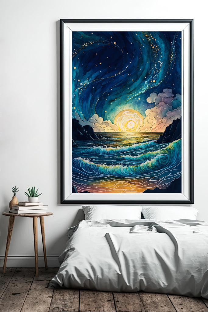 Ocean Wave Sunset Watercolor Print, Starry Night Sky Inspired Seascape Poster, Abstract Sea Nature Canvas Art, Vibrant Wall Art Home Decor