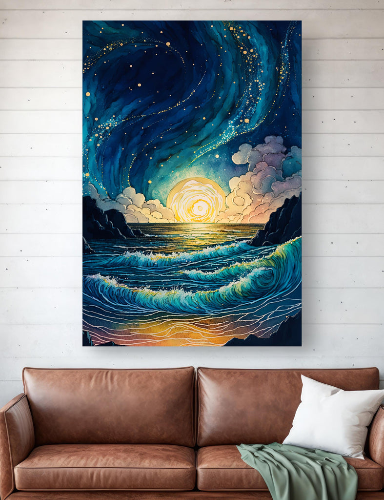 Ocean Wave Sunset Watercolor Print, Starry Night Sky Inspired Seascape Poster, Abstract Sea Nature Canvas Art, Vibrant Wall Art Home Decor