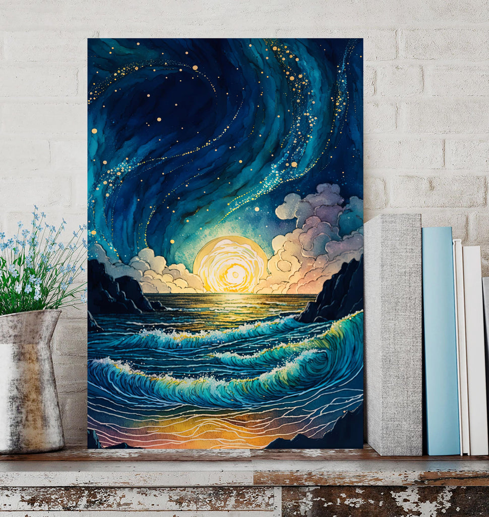 Ocean Wave Sunset Watercolor Print, Starry Night Sky Inspired Seascape Poster, Abstract Sea Nature Canvas Art, Vibrant Wall Art Home Decor