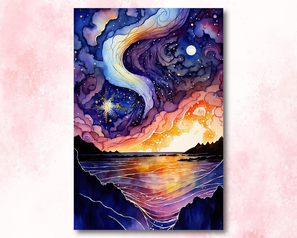 Ocean Wave Sunset Watercolor Print, Starry Night Sky Inspired Seascape Poster, Abstract Sea Nature Canvas Art, Vibrant Wall Art Home Decor