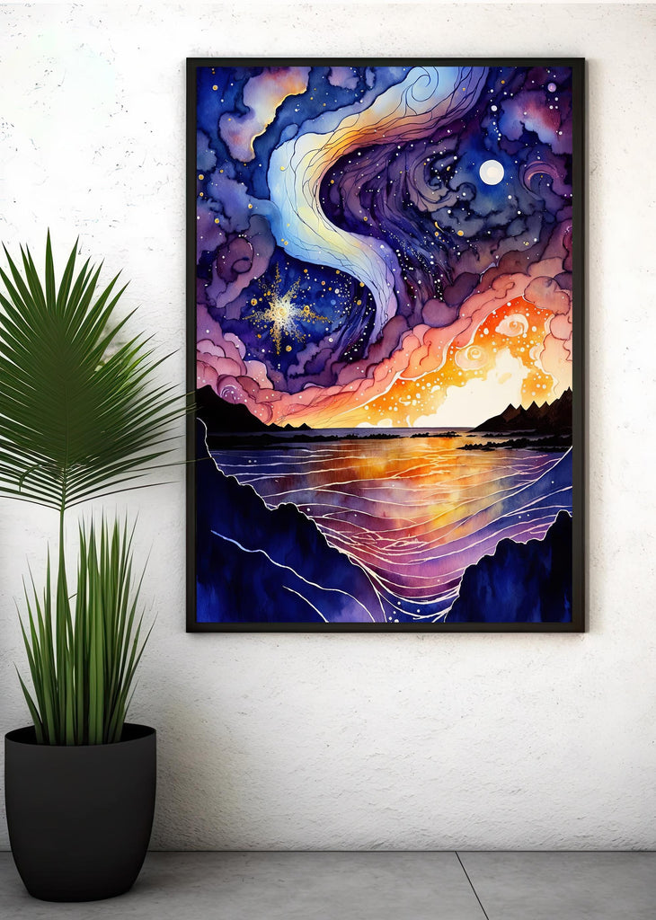 Ocean Wave Sunset Watercolor Print, Starry Night Sky Inspired Seascape Poster, Abstract Sea Nature Canvas Art, Vibrant Wall Art Home Decor