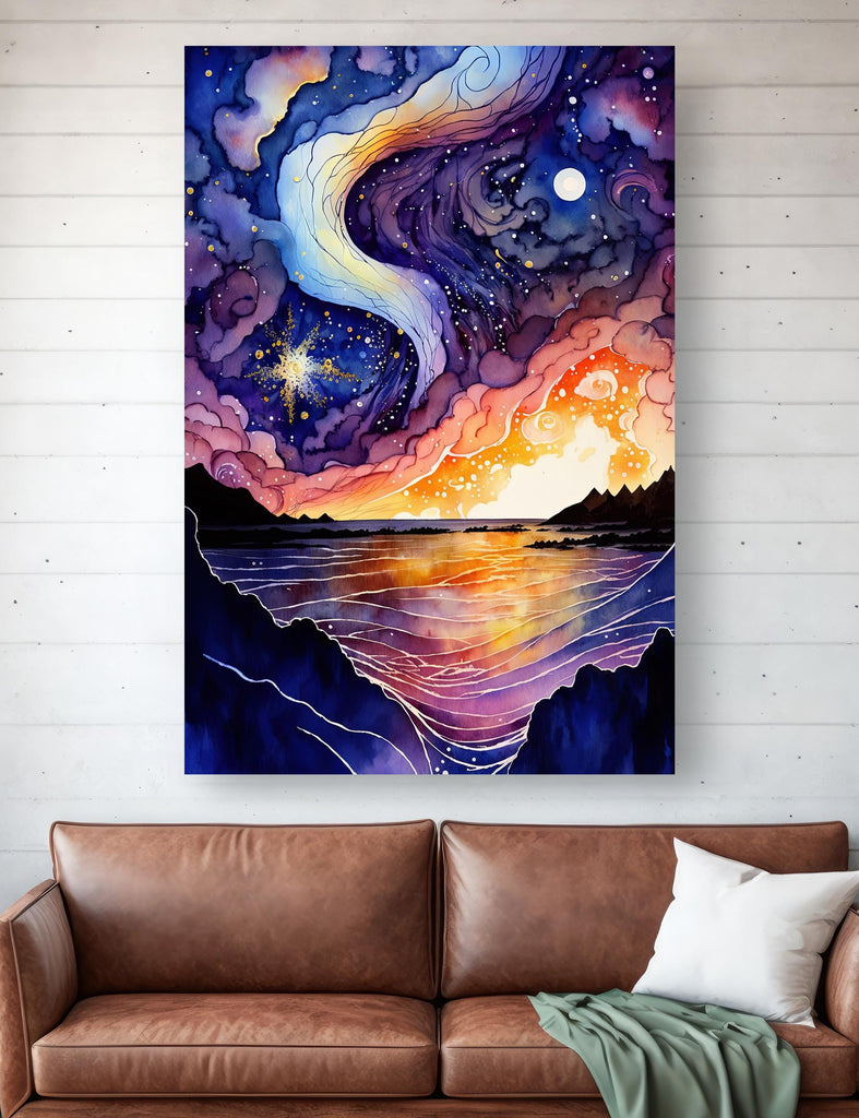 Ocean Wave Sunset Watercolor Print, Starry Night Sky Inspired Seascape Poster, Abstract Sea Nature Canvas Art, Vibrant Wall Art Home Decor