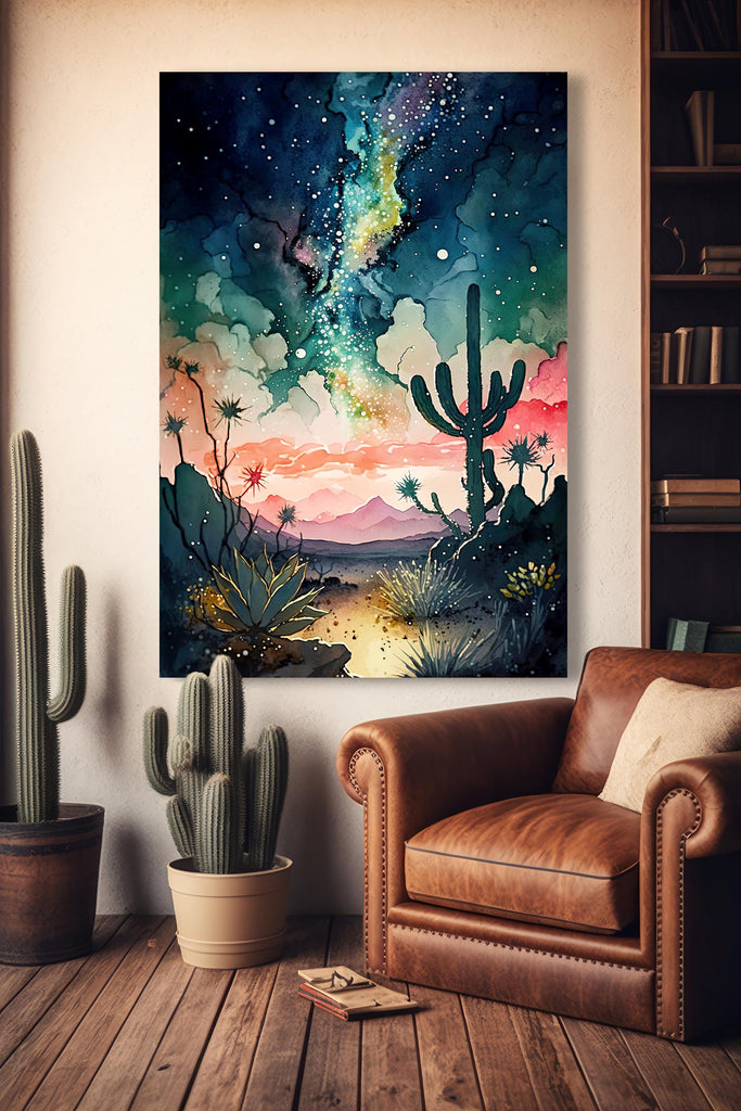 Desert Cactus Sunset Watercolor Print, Southwest Landscape Poster, Saguaro Cactus Canvas Art, Boho Western Wall Art Home Decor