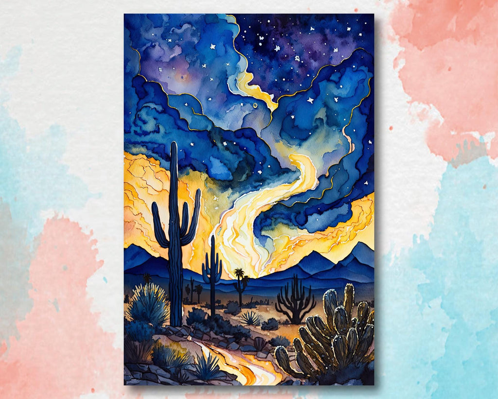 Desert Cactus Sunset Watercolor Print, Southwest Landscape Poster, Saguaro Cactus Canvas Art, Boho Western Wall Art Home Decor