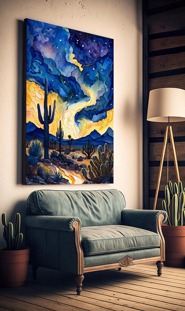 Desert Cactus Sunset Watercolor Print, Southwest Landscape Poster, Saguaro Cactus Canvas Art, Boho Western Wall Art Home Decor