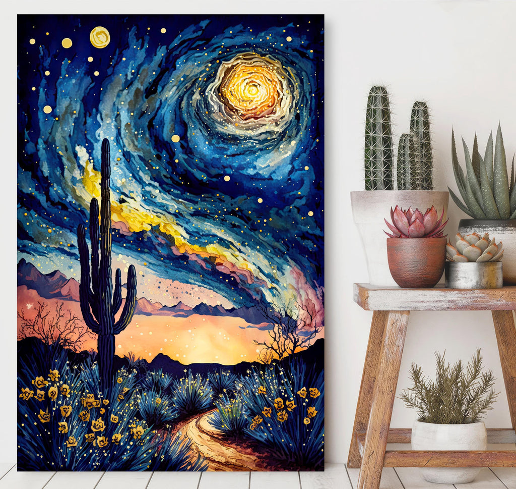 Desert Cactus Sunset Watercolor Print, Southwest Landscape Poster, Saguaro Cactus Canvas Art, Boho Western Wall Art Home Decor