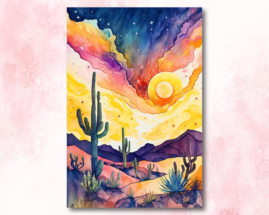 Desert Cactus Sunset Watercolor Print, Southwest Landscape Poster, Saguaro Cactus Canvas Art, Boho Western Wall Art Home Decor