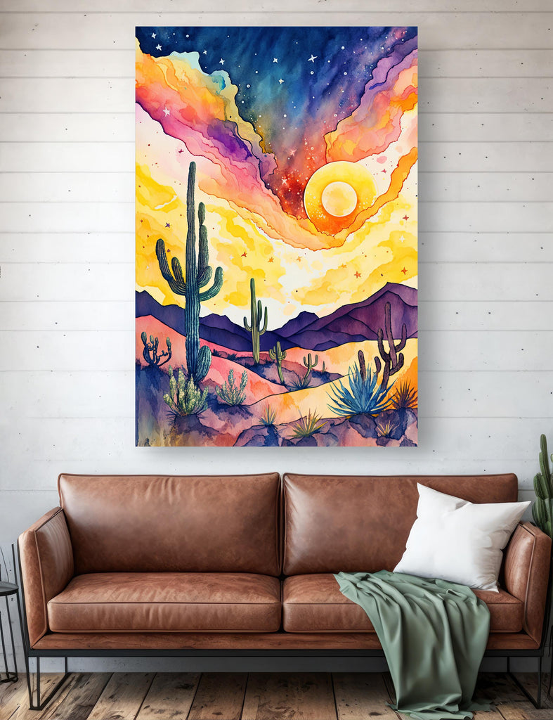 Desert Cactus Sunset Watercolor Print, Southwest Landscape Poster, Saguaro Cactus Canvas Art, Boho Western Wall Art Home Decor