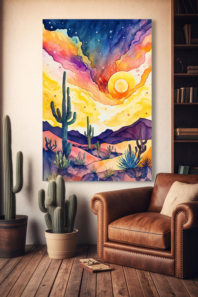 Desert Cactus Sunset Watercolor Print, Southwest Landscape Poster, Saguaro Cactus Canvas Art, Boho Western Wall Art Home Decor